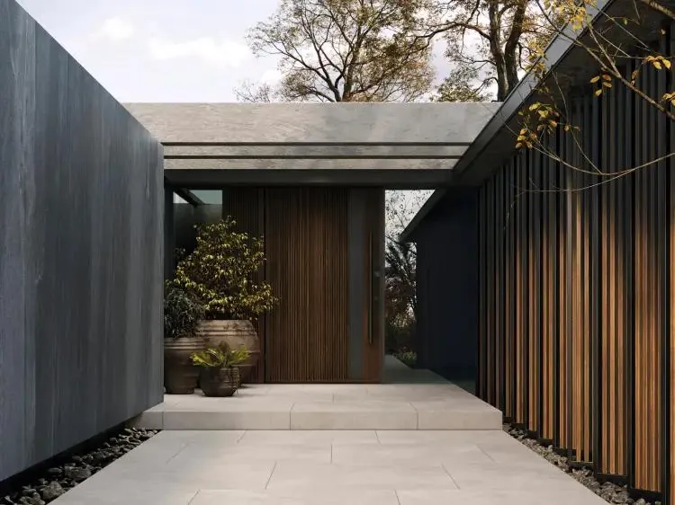 A modern stone and timber entryway