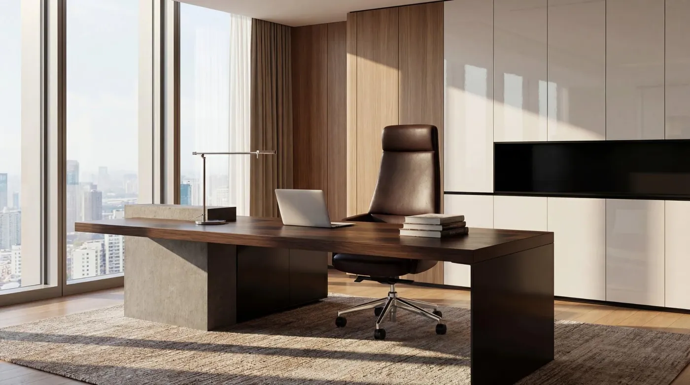 A quiet executive office with a walnut desk overlooking a city skyline